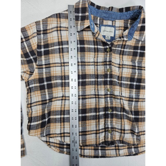American Eagle Plaid Cropped Flannel Shirt Long Sleeve Button Up Womens Medium - Picture 6 of 6